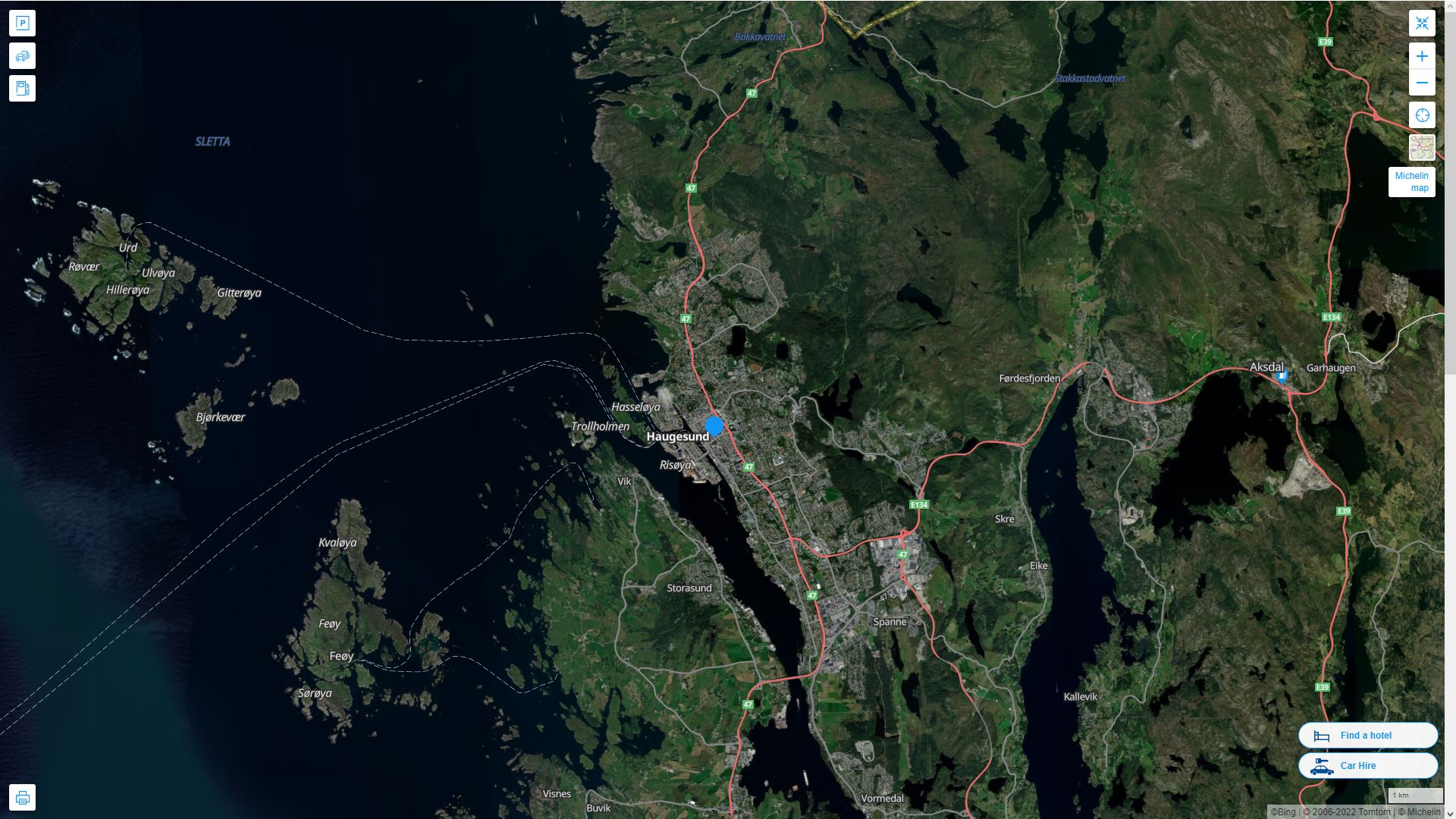 Haugesund Norvege Autoroute et carte routiere avec vue satellite